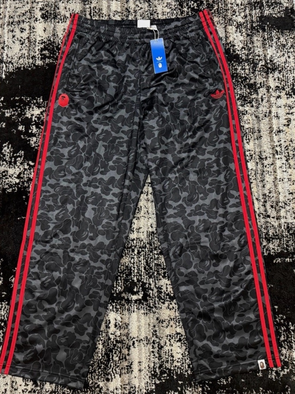 Bape Adidas Black Camo Track Pants with Red Stripes ape camo